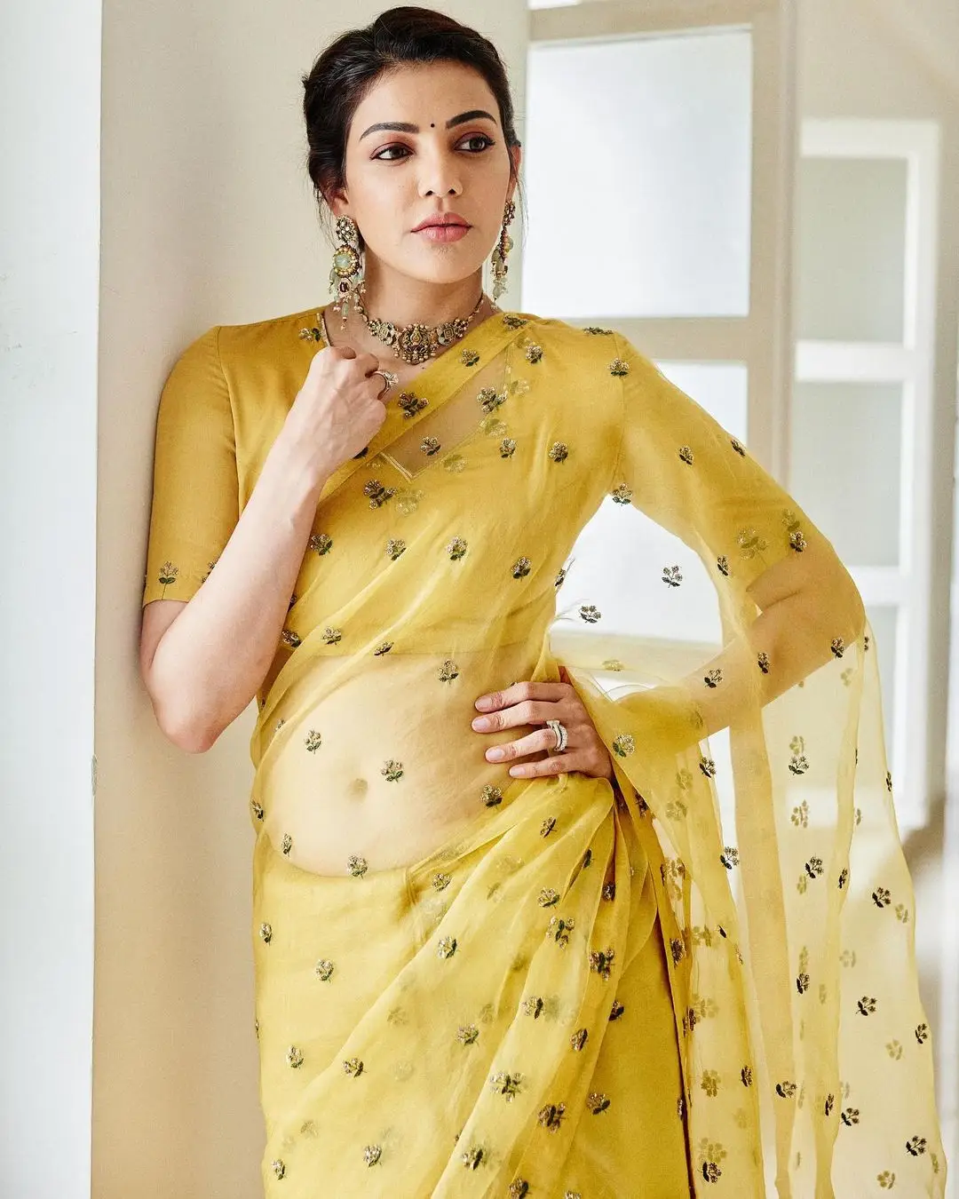 Kajal Aggarwal in Indian Tradition Yellow Color Saree Blouse